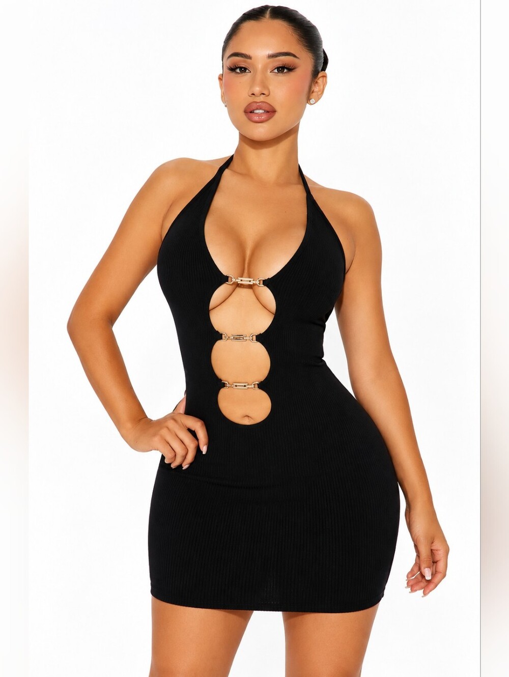 Fashion Nova Black Halter Cutout Mini Dress with Gold Hardware